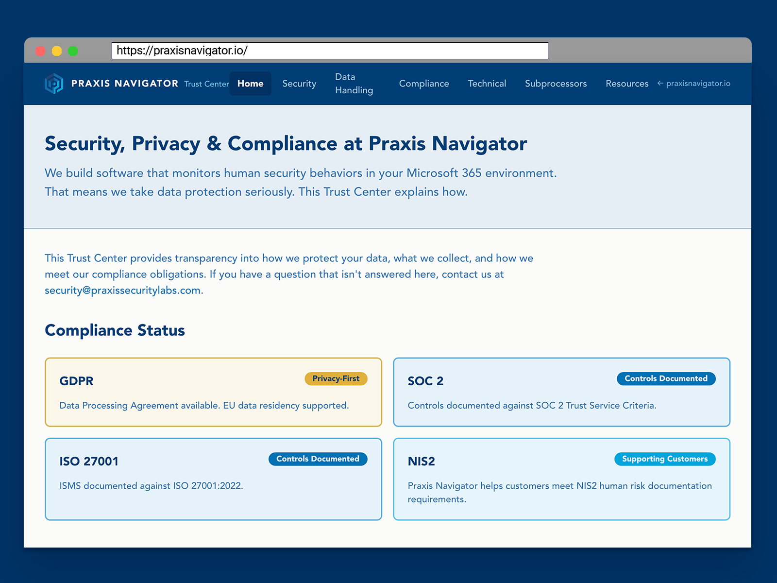 Praxis Navigator Trust view showing security posture, behavioral risk indicators, and compliance-ready evidence for cyber insurance